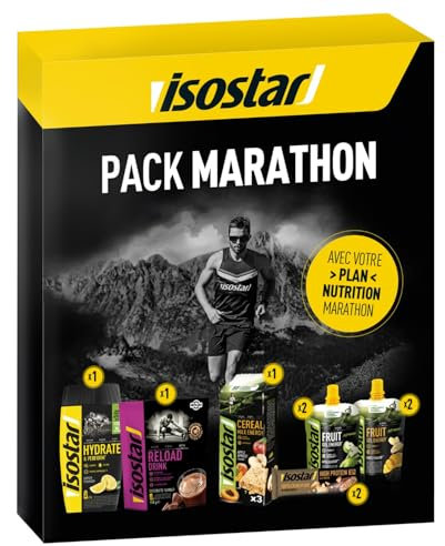 Isostar Pack Marathon - Pack Nutrition Complet pour répondre aux Besoins Nutritifs des Marathoniens, Assortiment boissons, gels et barres énergétiques, coffret 9 articles, 1.5 kg