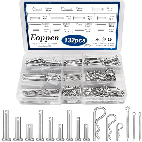 Eoppen 132Pcs Clevis Pin Cotter Pin Hair Pin Assortment Kit - 304 Stainless Steel 15 Sizes Cotter Pin & R Clips Pin Zinc-Plated Single Hole Flat Head Clevis Pins