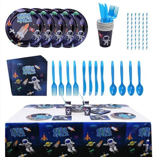 Weltraum Partygeschirr Deko Set für 10 Gäste – 10 Teller 9, 10 Pappteller 7, 10 Tassen, 20 Servietten – Space Party Deko Kinder Geburtstag Astronaut Rakete Universum Mottoparty Jungen Mädchen