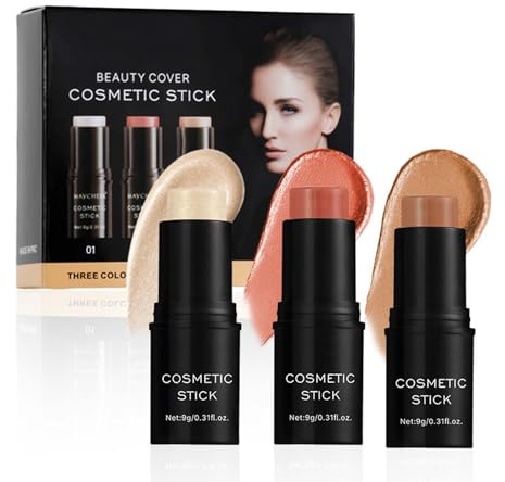 3er-Set Contour & Glow-Sticks für Natürliche Gesichtsmodellierung, Nicht Fettende Schminkset mit Mattierendem Finish, Tragbare Makeup-Stifte für Alltag, Inklusive Blush-Stift, 9g*3 (#A)