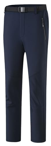 Men's Chino Trousers Smart Casual Stretch Thickened Fleece Flat Front Work Trousers with Zip Pockets Regular Fit Winter Warm Straight Leg Sweatpants for Hiking Walking Camping Running Blue