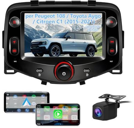 Hexinex 7 Pollici Autoradio per Toyota Aygo, Peugeot 108, Citroen C1 (2015-2021) con Wireless CarPlay Android Auto Bluetooth GPS Comandi al volante FM RDS Telecamera posteriore