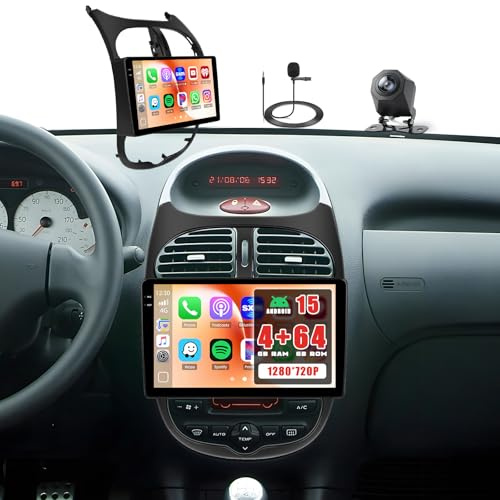 Roinvou 4G+64G Android 15 Autoradio pour Peugeot 206 Citroen C2, 9'' | Carplay Android Auto, Incell Écran Tactile, Mirror Link GPS BT FM RDS WiFi EQ, SWC Caméra de Recul, 206cc 2001-2016