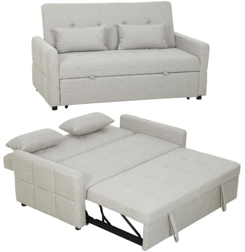 HOMCOM Schlafsofa 2-Sitzer 3 in 1, Schlafsofa mit klick-Klack 137x180cm, Ausziehbett, verstellbare Rückenlehne, 2 Kissen, breite gepolsterte Sitzfläche, Leinenstoff, für Wohnzimmer, Wohnung, Kleiner