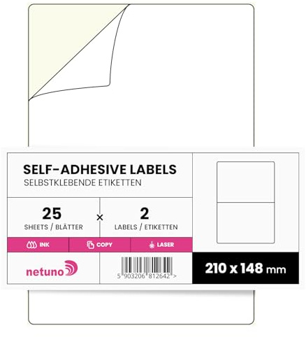 Netuno 25 Blatt DIN A4 Aufkleber Selbstklebend 21 x 14,8 cm (2 Stück pro Blatt) universelle Etiketten Matt groß für Laser Inkjet Beschriftung Druckeretiketten A4 Klebeetiketten Sticker Papier