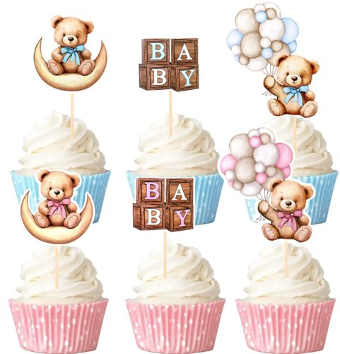 Gleevio 24 Stück Gender Reveal Party Deko Torte, Boy or Girl Tortendeko Babyparty, Baby Cupcake Topper Blau Rosa, Babyshower Muffin Deko, Tortendeko Baby Boy or Girl, Kuchendeko für Taufe