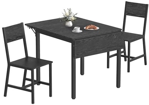 VASAGLE Klappbarer Esstisch mit 2 Stühlen, Essgruppe, für Wohnzimmer, Küche, Stahlgestell, einfacher Aufbau, ebenholzschwarz-anthrazitgrau-tintenschwarz KDT077B03-01