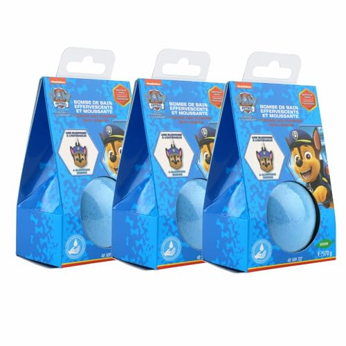 Home-Flair Paw Patrol Badebombe - große Badekugel Chase - Blau Skye -Rosa 170g Schaum-Effekt - VEGAN - mit Überraschungsanhänger (Chase, 3 Kugeln)