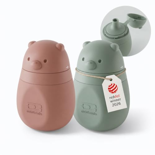 monbento - MB Yummy - Set de 2 Gourdes Compotes Réutilisables en Silicone - 150 ml - Gourdes Souples Bébé sans BPA et Hermétiques - Idéales Purée et Yaourt - Vert/Rose