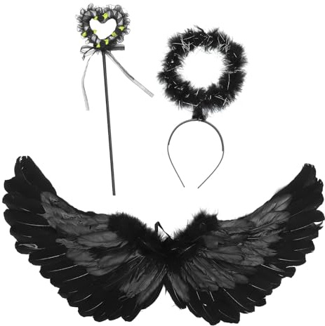 OHPHCALL Juego de Alas de Ángel Negras Tocado y Varita, Accesorio Cómodo y Fácil de Poner para Disfraces Casuales y Fiestas de Halloween
