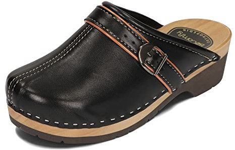 BeComfy Zuecos con Cuero para Mujeres Zapatos para el Trabajo Suela Reforzada o Goma Elástica Negro Azul Marino 35-41 EU (Negro, 39)