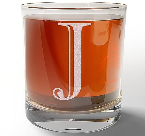 Etched Monogram 325ml Whiskey Rocks Glass (Letter J), A-Z Customised Bourbon Gin Rum Gifts Men, Personalised Whisky Tumbler Glass, Custom Engraved Gifts for Him, Initial, Name, Birthday, Retirement