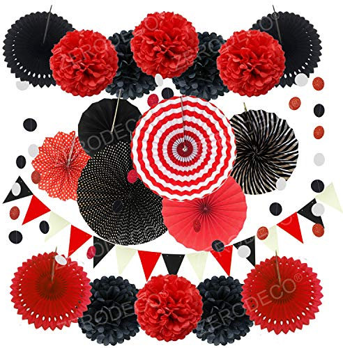 ZERODECO Party Dekoration Papier Pompoms, Rot und Schwarz Aufhängen Fächer Dreieckige Wimpel und hängende Glitter Punkt Papier Girlande Dekorpapier für Party Hochzeit Geburtstag