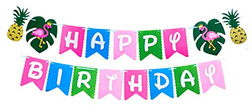 Oblique Unique® Happy Birthday Girlande Filz Wimpel Banner 3 m mit Flamingos + Ananas für Sommer Kinder Geburtstag Party - bunt