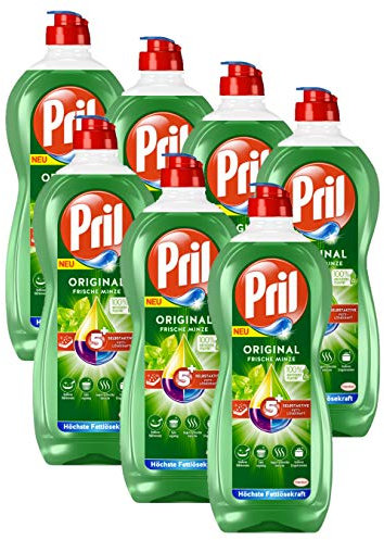 Pril 5 Plus Original Frische Minze, Handgeschirrspülmittel, (7 x 675 ml) mit selbstaktiver Fettlösekraft