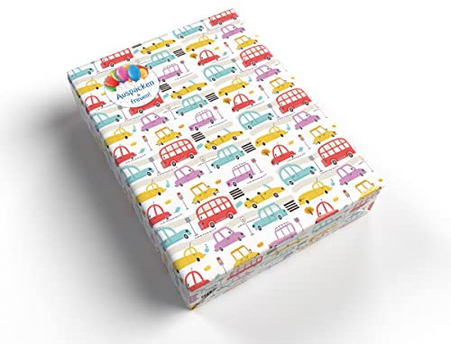 Geschenkpapier für Kinder Mädchen Junge Auto Autos Geschenkpapier für kleine Geschenke für Geburtstag Weihnachten (5 Bögen + 5 Aufkleber Luftballons + 18 Verschlusspunkte)