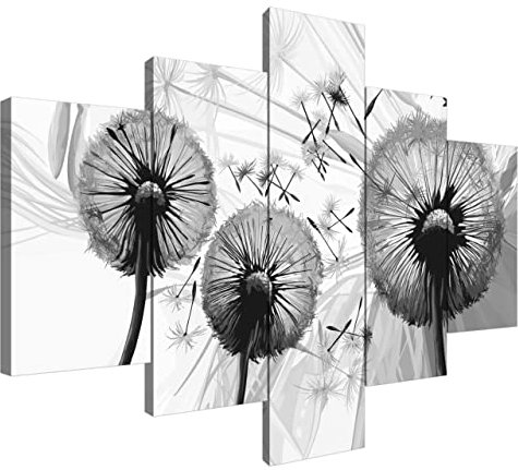 Estika Leinwand bilder - Pusteblume Schwarz Weiß - 100x70 cm, 5 teilige kunstdruck - Wandbilder wohnzimmer, schlafzimmer, Moderne wanddeko, Bild auf leinwand - Blumen bilder - 4116A_5A