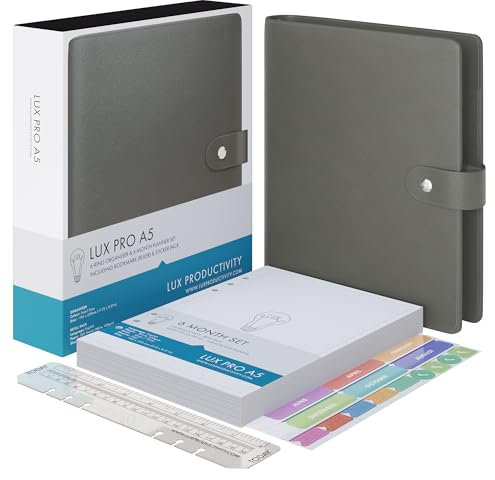 LUX PRO A5 - Tagesplaner & Terminkalender - Dankbarkeitsjournal, Wellness-Tagebuch & undatierte Wochenplaner und Organizer - Schreibtisch-Tagebücher für Damen & Herren - LUX Productivity (Fossil Grey)
