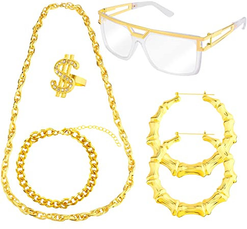 KINBOM 6 Stück Hip Hop Kostüm Set, Rapper Gold Kette Armband Ohrringe Ring und Sonnenbrille 80er 90er Hip Hop Accessoires Partyzubehör