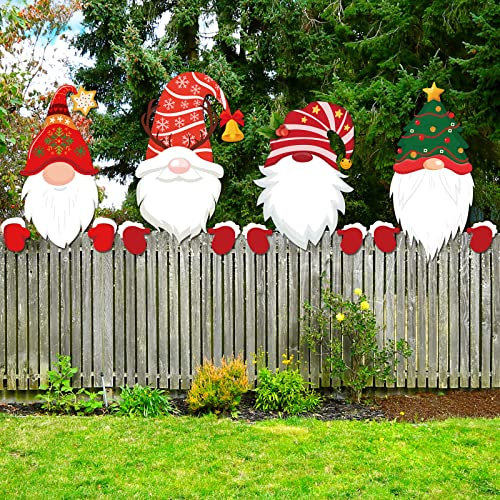 4 Stück Weihnachtszaun Peeker Dekoration Peeking Garten Hof Dekorationen Zaun Dekorationen Xmas Outdoor Garten Zaun Schild Ornament Weihnachtszaun Peeker Kunst für Urlaub Terrasse Home Decor