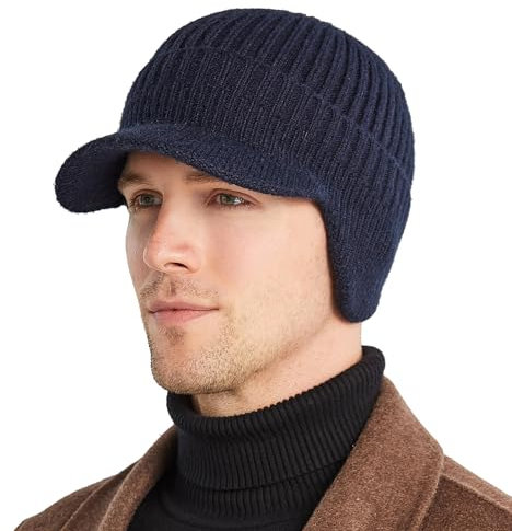 WANYI Gehörschutz Strickmütze Baseballmütze Schirmmütze Herren mit Ohrenklappen Wollmütze Wintermütze Elastisch Verdicken Warm Baseballcap für Herbst und Winter (Doppelschicht Marineblau)