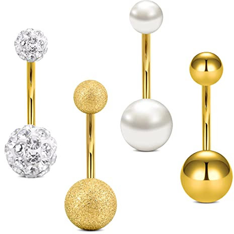 VCMART 4er Gold Bauchnabelpiercing 12mm Chirurgenstahl Bauchpiercing Piercing Bauchnabel Ring 14G Damen