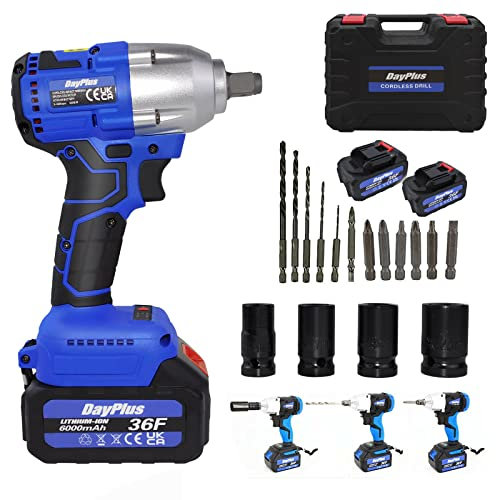Brushless Impact Wrench 1/2 Inch Cordless Impact Wrench with 2x 6.0Ah Batteries & Fast Charger, Electric Impact Driver 21V, 4 Sockets+6 Drills+6 Screws, 420N.m Torque Power Impact Wrench for Car Home
