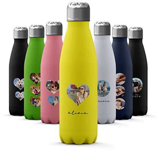 Tirita Custom Photo Personalised Water Bottle - Thermal Travel Flask - Insulated Stainless Steel Bottle - Gym, Office, School Drink - 500ml [02- Photo in Heart with Name on Yellow]
