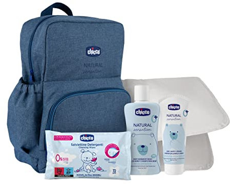 CHICCO NATURAL SENSATION - WICKELRUCKSACK ENTHÄLT 1 BABY SCHAMPOO & KÖRPERBAD – OHNE TRÄNEN 200 ML, 1 WICKELCREME 4IN1 100 ML, 1 REINIGUNGSTÜCHER 72 STK., 1 FALTBARE WICKELMATTE