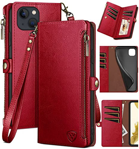 XcaseBar for iPhone 13 6.1 Wallet case with Zipper Credit Card Holder【RFID Blocking】, Flip Folio Book PU Leather Phone case Shockproof Cover Women Men for Apple 13 case Red