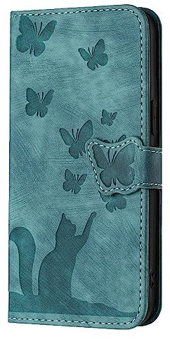 Wuhaizher iPhone 14/13 Butterfly Cat Shockproof PU Leather Wallet Case with Card Holder, Folding Stand, Magnetic Closure, Green