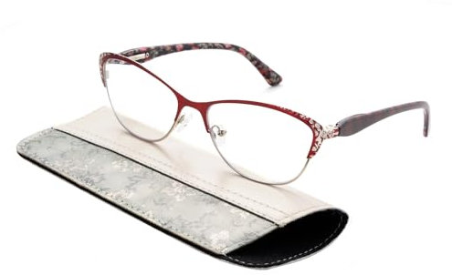 OKH Cateye Lesebrille für Frauen mit Frühlingsscharnier, Qualitäts Vintage Blue Light Blocking Blumen/Blumenmuster Design Katzenauge Leser Brille mit Beutel(Rot +2.5)