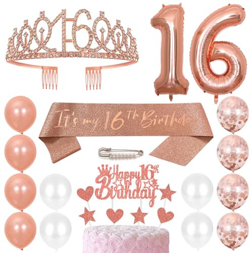 16. Geburtstags Krone Schärpe Mädchen Kristall Queen Tiara Princess Crown 16 Jahre Geburtstag Tortendeko Helium Foil Ballons Roségold Luftballon Zahl 16 Geburtstagsdeko für Mädchen Party Dekorations