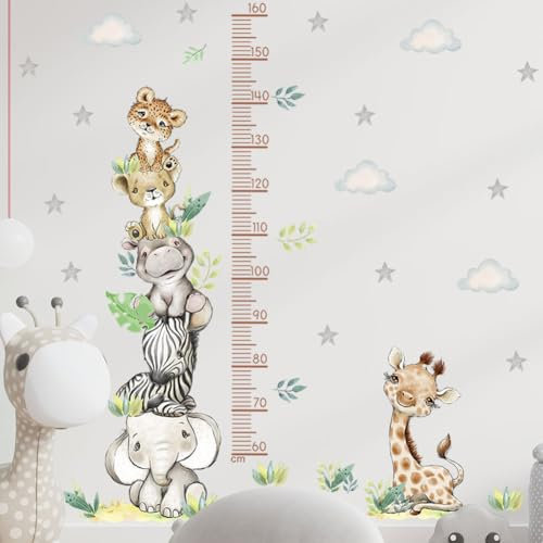 COVPAW Wandtattoo Messlatte Tierturm Babyzimmer Wandaufkleber Kinderzimmer Elefant Giraffe Zebras Löwen Grass Wolke Sterne Wachstum Diagramm Mess Baum Wandsticker Körpergrösse Messen Wandsticker