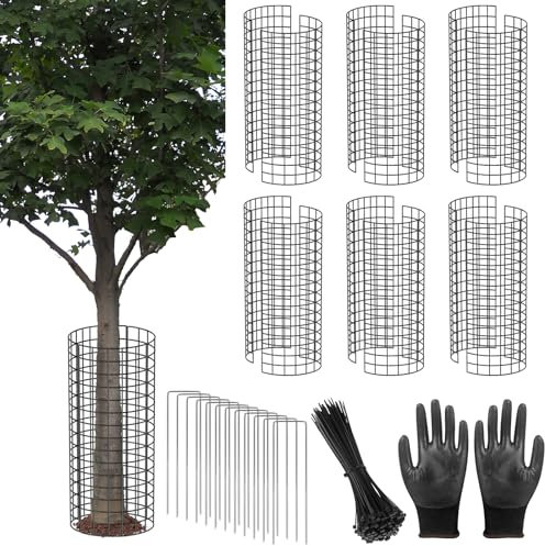 UQM Baumstammschutz, 12 Stück, Metall-Baumschutz, Stammschutz mit Handschuh und Metallpfähle und Kabelbändern, 6 Stück, Netz-Baumrindenschutz, Pflanzenschutz von Hirsch, Tiere, Rasenmäher, Trimmer