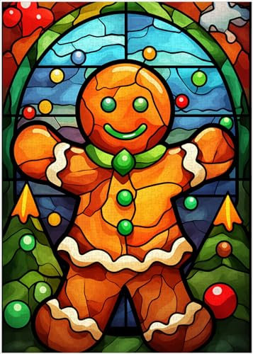 Stained Glass Gingerbread Man Jigsaw Puzzle 300/500/1000 Piece, Holiday Puzzle for Christmas (500pc (38×52cm))