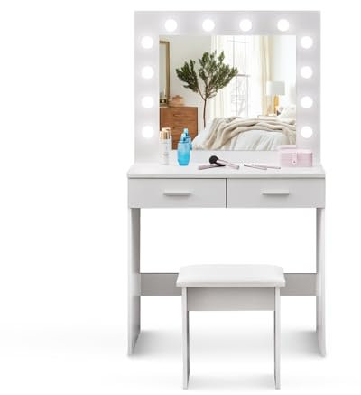 CLIPOP Schminktisch mit Spiegel und Beleuchtung,3 Farben mit Einstellbarer Helligkeit,Frisiertisch mit 2 Schubladen und Hocker Modern Kosmetiktisch Make-up Tisch Frisierkommode Schlafzimmermöbel,Weiß