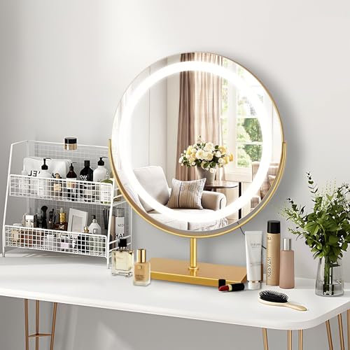 MantoLite Miroir Coiffeuse de Table, Rotation 360° avec Interrupteur Tactile, LED et Pied, 3 Températures de Couleur, Doré