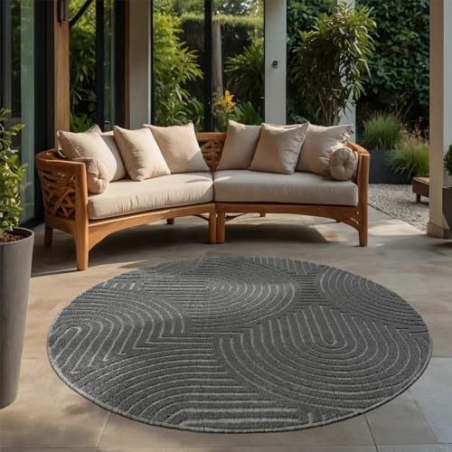 SANAT Berlin Outdoor Teppich Wetterfest - Teppich für den Innen- und Außenbereich - Grau, 200 cm Rund
