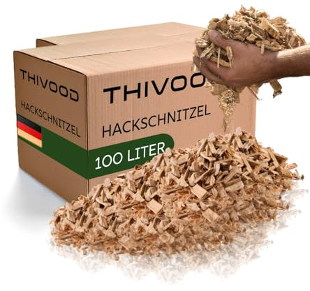 THIVOOD Hackschnitzel 200 Liter für den Garten - Ideal für Hackschnitzelheizung und als Anzünder - trockene Kiefer Holzhackschnitzel - Rindenmulch-Ersatz für Spielplatz, Gartenwege und Beete