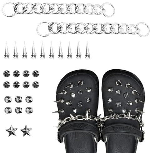 CECOMBINE 28 PCS Goth Charms for Shoe Decoration, Silver Stud Shoe Chain, Removable Shoe Chain & Accessories, Punk Metal Eyelet Upper Charms for Cool Girls & Boys Festival, Party Favors