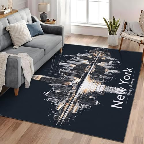Generisch Moderner Teppich Wohnzimmer New York City Nachtansicht Schwarz 80x150 cm Rutschfest, Kurzflor Weich Teppich für Schlafzimmer Esszimmer Büro Flur Kinderzimmer und Küche