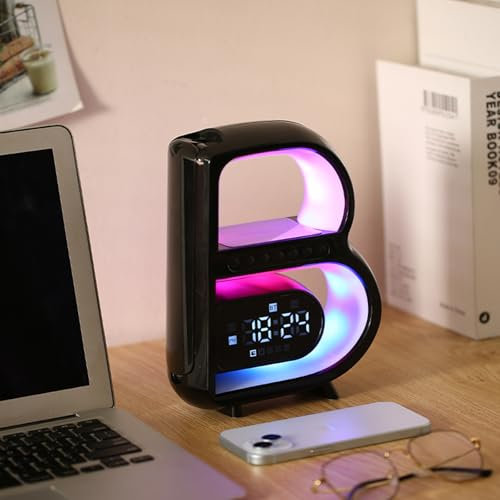 MRDEER Night Light Lamp Wireless Charger, Bluetooth Speaker Alarm Clock, B-Shaped Bedroom Bedside Mood Atmosphere Lamp, Dimmable LED Table Lamp, Birthday Gift for Friend Teenage Girls Boys (Black)