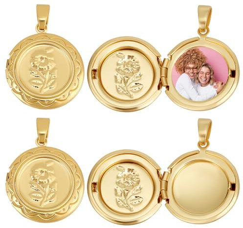 Beebeecraft 1 Box Mit 6 goldenen Medaillon Anhängern Zum Öffnen Flach Rund Mit Blume Medaillons Aus Echtem 18 Karat Vergoldetem Messing Erinnerungs Fotorahmen Anhänger Charms Zur Schmuckherstellung