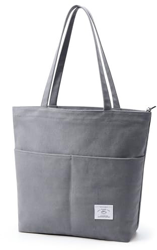 KALIDI Canvas Tasche Damen Handtasche mit Vorderen Taschen Umhängetasche Shopper Tasche Damen Groß Schultertasche für Schule Arbeit Einkauf Alltag Reisen