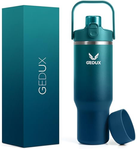 GEDUX 1200ml Edelstahl Tumbler mit Griff und Strohhalm, Vakuumisolierte Wasserflasche mit 2-in-1 Deckel (Schluckdeckel/Straw Deckel) und Silikonboden
