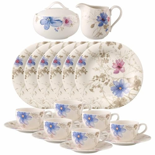 Villeroy & Boch Mariefleur Gris Kaffeeservice 20-teilig | Kaffeetassen mit Untertassen und Kuchenteller für 6 Personen | Milch- und Zucker-Set | Premium Porzellan mit Blumen-Dekor | Weiß/Bunt