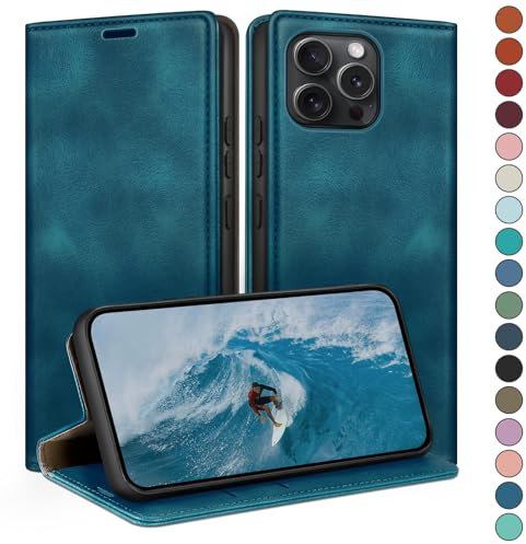 HUOUH für iPhone 15 Pro 6.1 Hülle mit RFID Schutzhülle aus Lederhülle Handyhülle,Kartenfach Leder ständer Handy hülle,360 Grad Schutz Cover für Apple 15 Pro Klapphülle Wallet Case Türkis