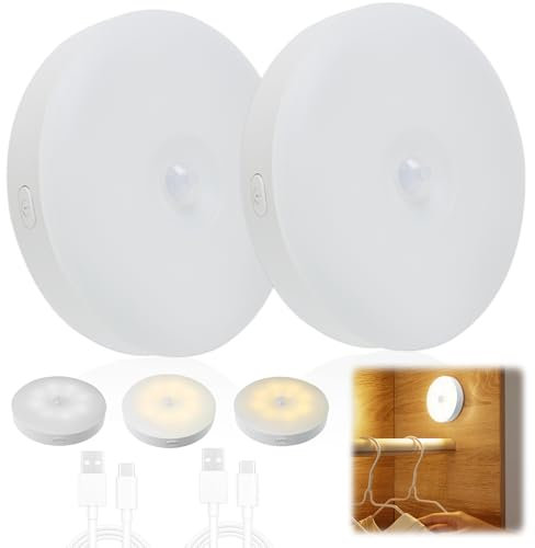 Motion Sensor Lights Indoor 2 Pack, LED Night Light USB Charging Wireless 2 Modes White and Warm,Sensible 120 °, Dimmable & Energy-Efficient Night Light for Wardrobe Stairs Closet Hallway Bedroom