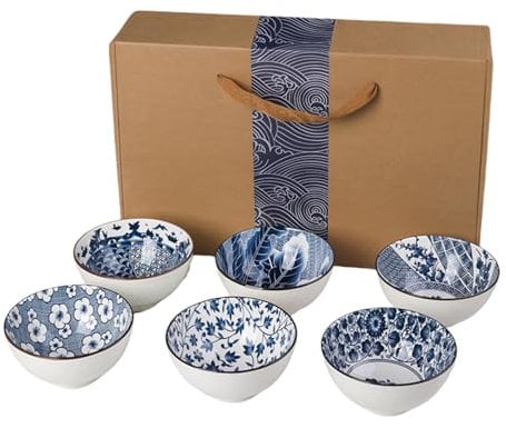 Tefrine Set of 6 Vintage Blue and White Ceramic Rice Bowls Stackable Dinnerware Ideal for Rice Salads and Soup Microwave and Oven Safe 47 Inch x 26 Inch Perfect for Japanese Bowls Rice Bowl Set